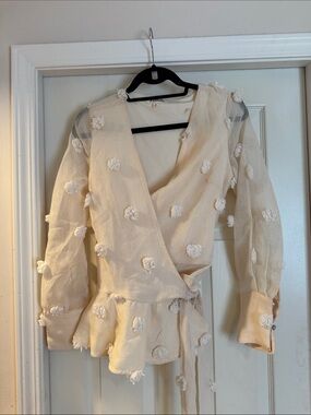 Ivory Wrap Peplum Blouse with Floral Appliqués